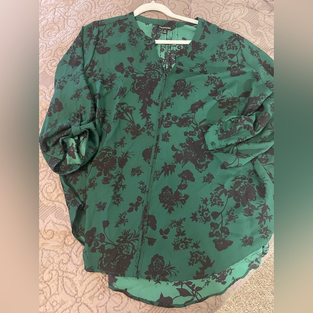 Green and black floral blouse